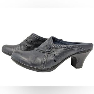 Clarks women's dark blue leather heeled mules